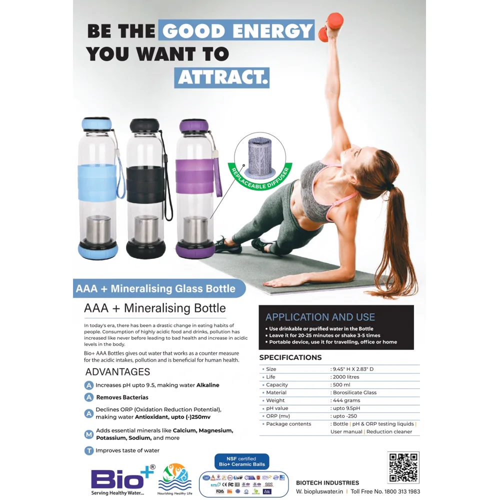 AAA+ 500 ml mineralising glass bottles in Blue, Black and Purple