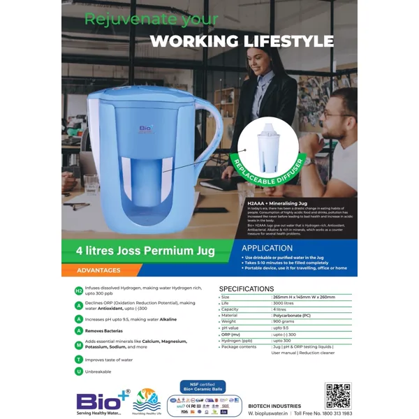 Bio+ four-litre mineralising jug with replaceable diffuser