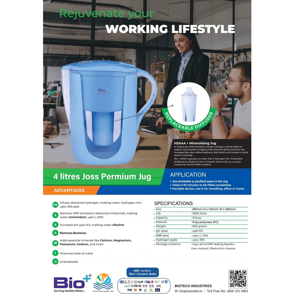 Bio+ four-litre mineralising jug with replaceable diffuser